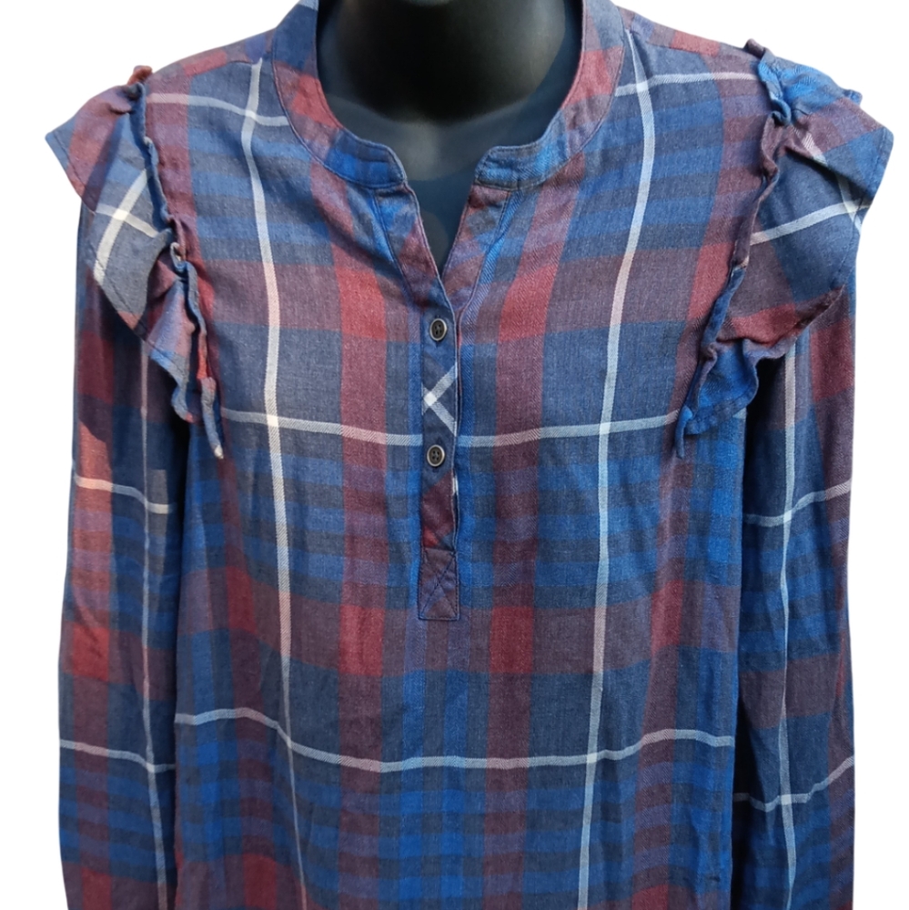 Anthropologie Plaid Ruffle Blouse - Blue and Red